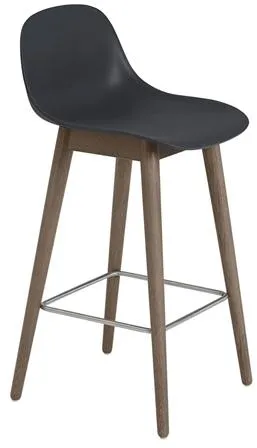 Muuto Fiber Barstol med träsockel och ryggstöd Svart/Mörkbrun H87,5 cm